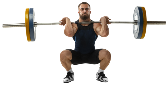 Full length portrait of athletic man in sportswear exercising with weight against transparent background. Young sportsman with barbell training at abstract gym. Sport, weightlifting concept