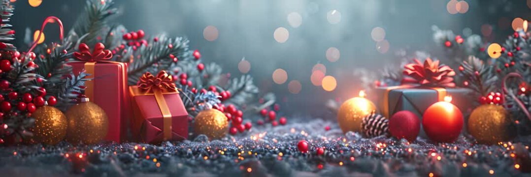 Christmas Tree And Gift Boxes On Snow In Night With Shiny Star and Forest - Winter Abstract Landscape