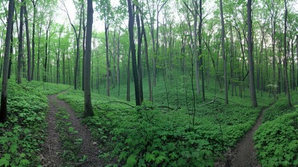 Obraz premium A dirt path winds through a dense pine forest, bathed in warm sunlight. Lush green foliage lines the path, creating a tranquil and inviting atmosphere