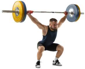 Full length portrait of athletic man in sportswear exercising with weight against transparent background. Man with muscular body, with barbell training at abstract gym. Sport, weightlifting concept