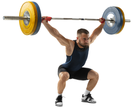 Full length portrait of athletic man in sportswear exercising with weight against transparent background. Man with muscular body, with barbell training at abstract gym. Sport, weightlifting concept