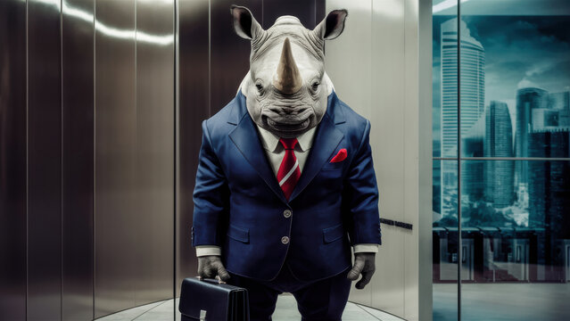 A rhino dressed in a suit and tie holding a briefcase, AI