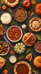 Table with traditional Thanksgiving dishes, feast, celebration