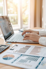 business success concept, Finance manager analyzing financial data on laptop at modern office desk, sunlight through window. Business success concept.