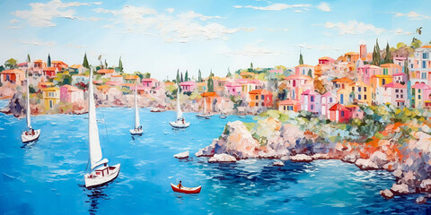 Mediterranean landscape. Panoramic view with sailboats near the old European city on the seashore. Printable oil painting