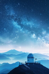 Obraz premium futuristic investment, Telescope on mountain with funding signpost under starry sky, blending finance and astronomy.
