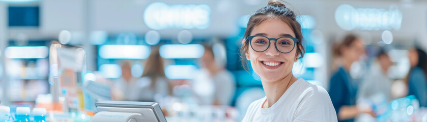 Fototapeta premium business success concept, A cheerful cashier scans loyalty card while shoppers browse products in busy retail store. Large display promotes loyalty program benefits.