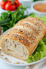 healthy bread, Golden-brown vegan protein bread with sunflower and chia seeds on a white plate with healthy veggies.