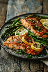 Grilled salmon fillets with lemon and asparagus on a rustic plate