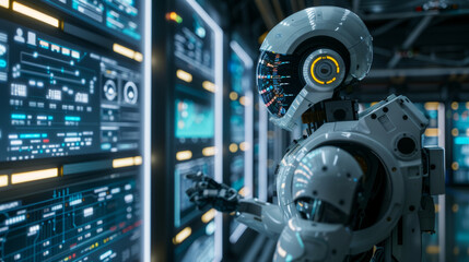 Fototapeta premium AI cyber security, Humanoid robot defends against network attacks in a modern command center with holographic displays.