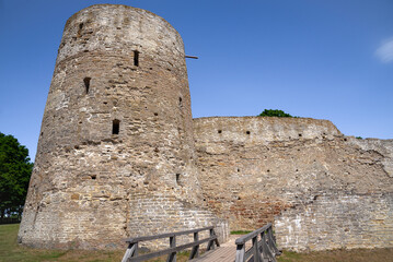 At the ancient tower. Izborsk fortress. Pskov region, Russia