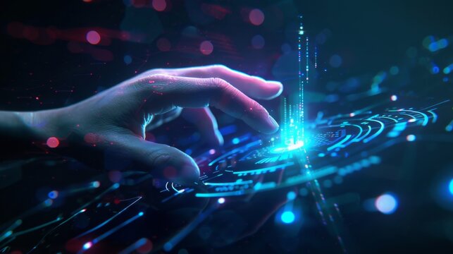 Software developer touching interactive future technology interface