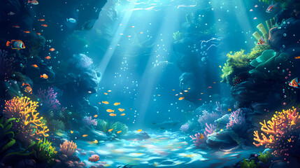 Fototapeta premium Creative Illustration and Innovative Art: Mysterious and Peaceful Undersea World. Realistic Fantastic Cartoon Style Character, Story, Card Design