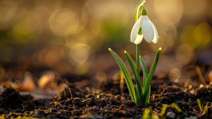 Detailed view of a white snowdrop flower emerging in spring