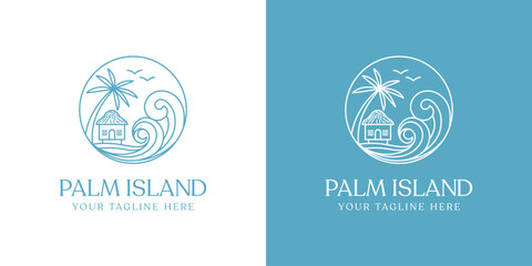 Beach cottage villa resort logo design. The logo features a stylized illustration of a beach villa cottage, with a line art design style.