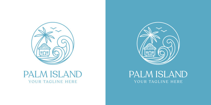 Beach cottage villa resort logo design. The logo features a stylized illustration of a beach villa cottage, with a line art design style.