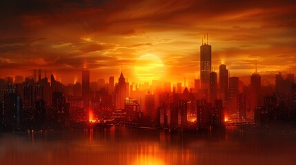 Obraz premium Peaceful cityscape with a sunset, warm tones, detailed skyline, digital painting