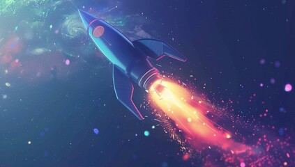 Fototapeta premium Rocket Launching into Space with Vibrant Nebula Background and Bokeh Effect