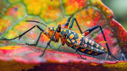 Beautifully patterned insect basking on a vibrant leaf