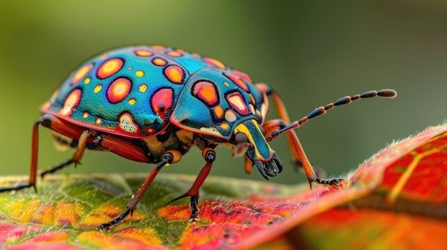 Beautifully patterned insect basking on a vibrant leaf