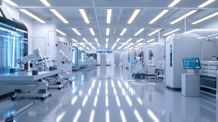 Clean, advanced factory floor with robots and automated machinery