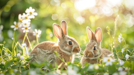 Obraz premium Cute bunnies hopping around in a blooming spring garden