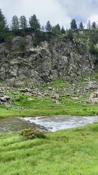 Une petite rivi&egrave;re serpente &agrave; travers une plaine de montagne, entour&eacute;e de sommets majestueux. L'eau scintille sous le ciel clair, offrant un contraste paisible avec les montagnes environnantes.