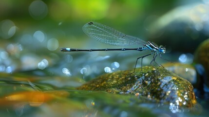Elegant damselfly with translucent wings perched by a stream