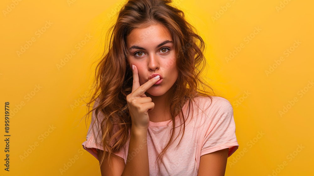 Wall mural creative portrait of a young woman on yellow background