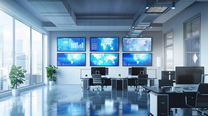 Innovative tech solutions displayed on multiple screens in a modern office