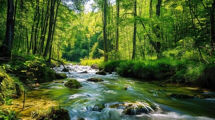 Lush green forest with a clear stream flowing through, under a bright blue sky