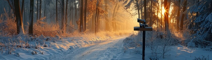 Sunlit Winter Forest Path with Snow-Covered Trees and Wooden Signpost at Sunrise