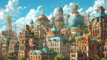 Fototapeta premium Picturesque cityscape featuring buildings with diverse architectural styles and decorations