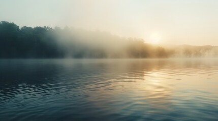 Fototapeta premium A serene lakeside view with mist rising from the water at sunrise.