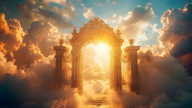Golden Gates of heaven with sunshine in clouds. Stairway to heaven in glory, gates of Paradise, meeting God, symbol of Christianity. Gates of heaven coming out of the clouds, floating in the sky