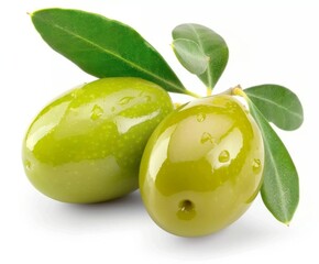 Obraz premium green olives with leaf on white background