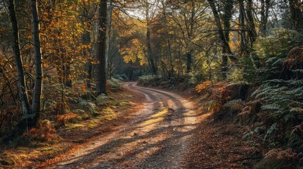 A winding forest trail covered in dappled sunlight and surrounded by autumn foliage.