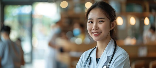 Smiling Young Female Doctor in Medical Uniform with Stethoscope in Modern Hospital Setting