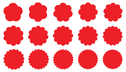 Set of red sale stickers and sunburst badges. Design elements - price tag, quality mark. Flat vector illustration isolated on white background.