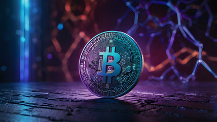 Bitcoin Cryptocurrency Coin Closeup on Dark Surface With Neon Lights