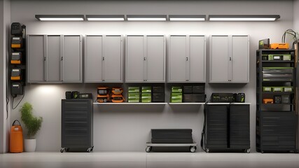 storage system with battery packs installed on the wall of the garage at home as a backup or sustainable energy ideas