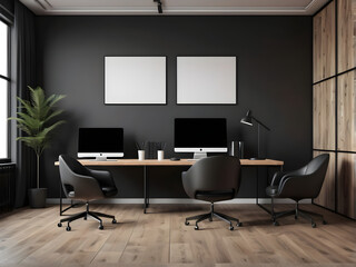 Fototapeta premium Mockup canvas frame in black and wooden office room with armchairs and computer on black table near window. Minimalist manager room with parquet floor, 3D rendering no people