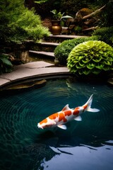 splash water, Aggregate, Raspberry fruit suspended in a vortex of clear water, with the background showing a serene Japanese garden with koi ponds.