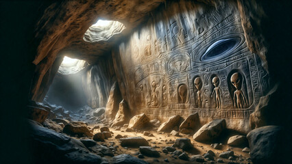 Ancient alien cave art depicts extraterrestrial beings, petroglyphs of UFOs, cosmic symbols. Mysterious mural in natural cavern with sunlight streaming through openings. Ancient astronaut theories.