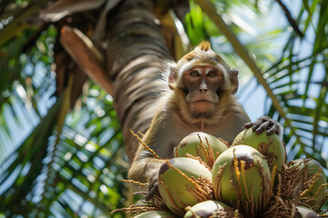 Obraz premium Monkey perched atop a palm tree with a bundle of coconuts, framed by lush green leaves under a sunny blue sky.