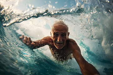 Senior man enjoying swimming in ocean waves, capturing the thrill and vitality of active lifestyle and nature connection.