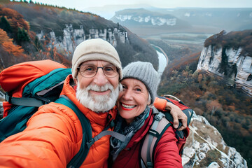 Senior couple hiking in beautiful mountain landscape, taking a selfie and enjoying the scenic view, outdoor adventure and travel concept.