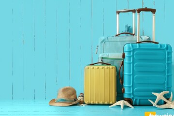 Suitcases with beach accessories on blue background with space for text