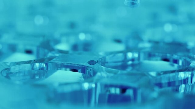 Pipette filling well of microplate with colorless liquid substance for medical analysis in laboratory. Extreme close-up view