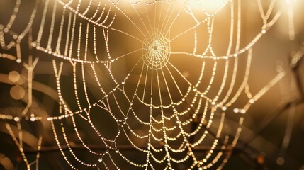 Fototapeta premium A close-up of a dew-covered spider web glistening in the morning light.
